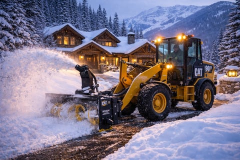 Cat 906 loader removing snow from driveway