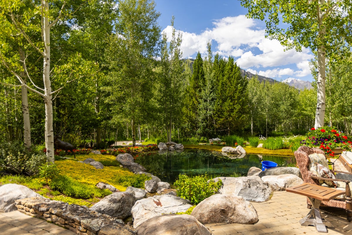 pond boulders trees mountain planting beds patio