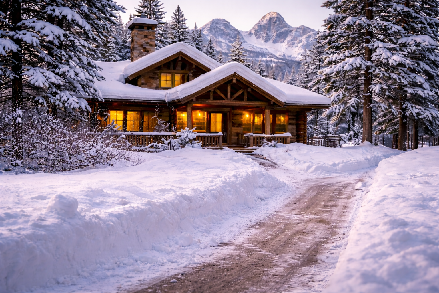 Twilight at a cozy cabin in snow