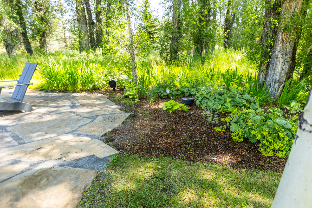 lawn pond trees flagstone patio planting areas 3