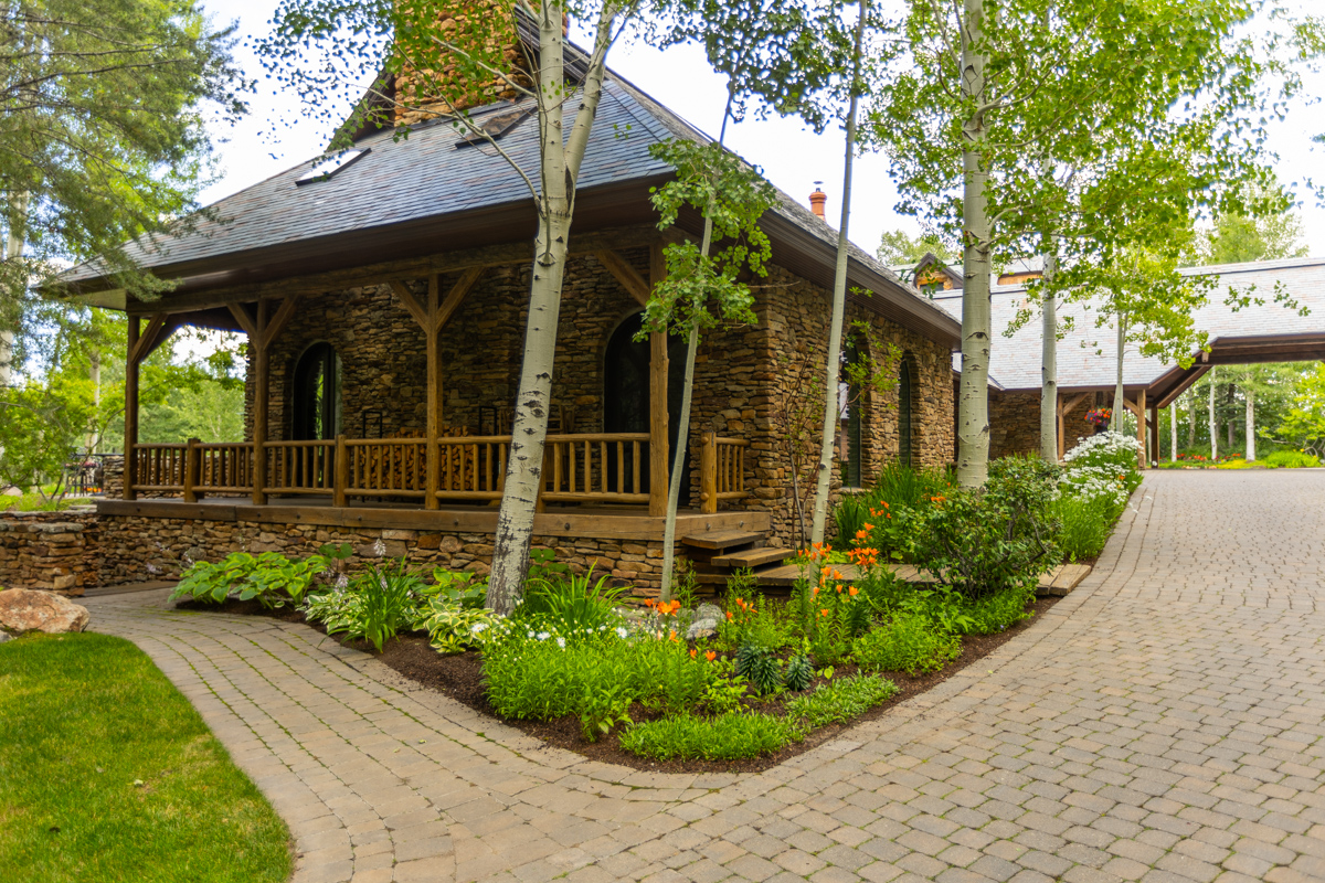 paver driveway planting beds aspen trees porch 2